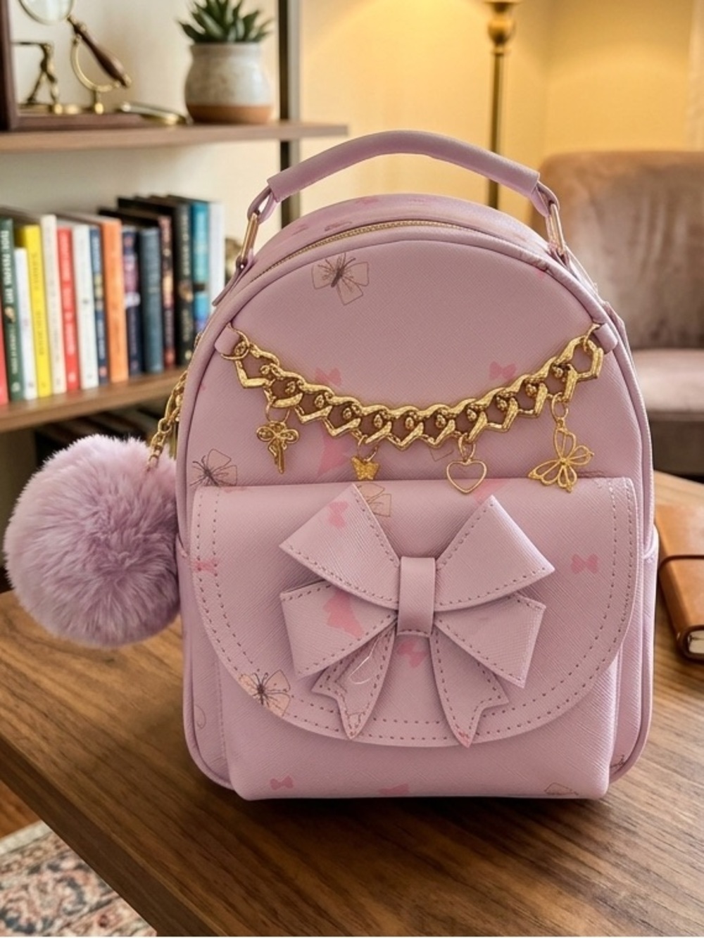 NEW PINk BOW Mini BackPack Purse with POM POM NWT